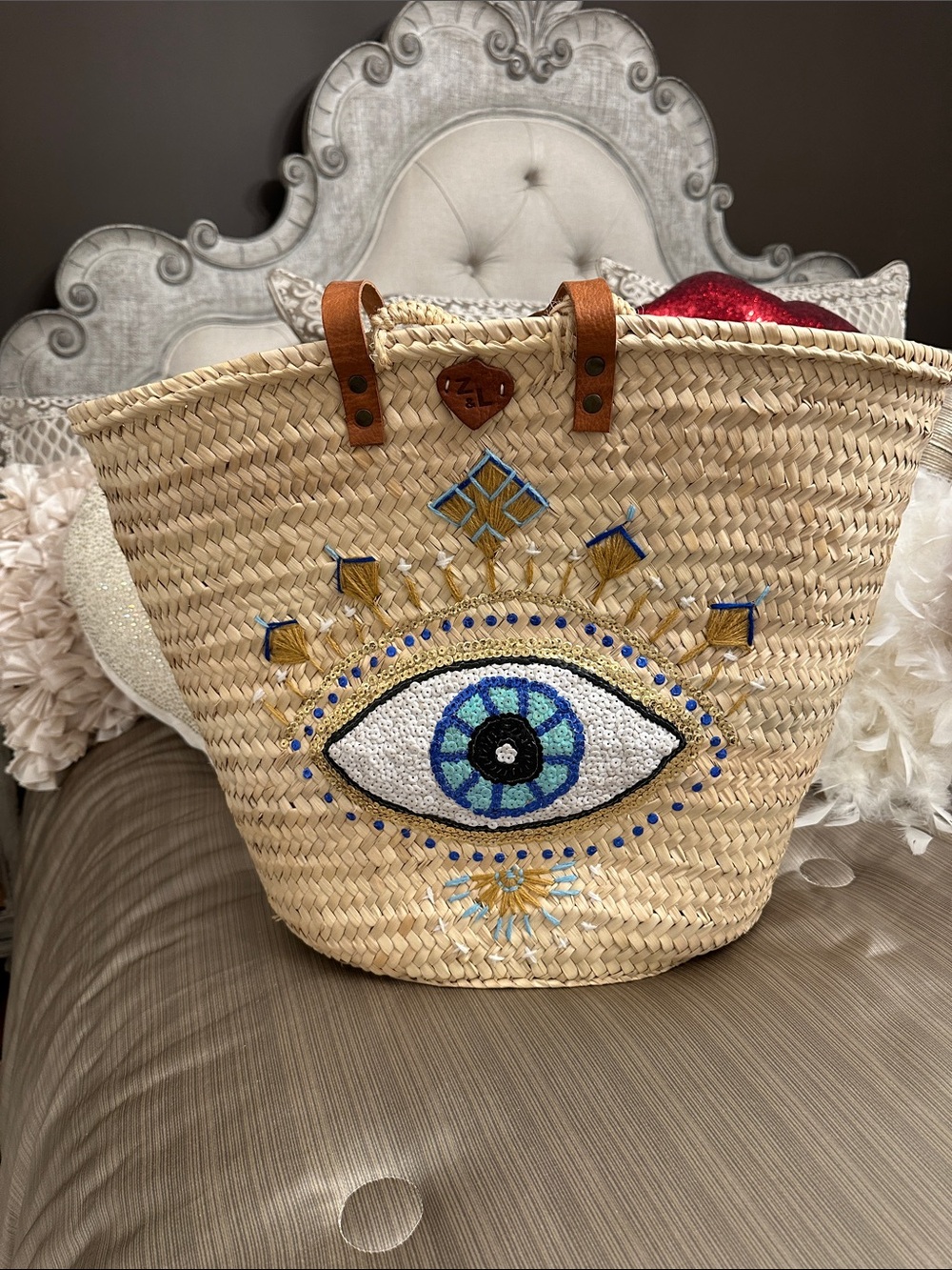 Handwoven Straw Tote Bag with Blue Eye Embroidery with sequence